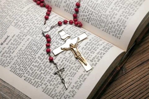 Sacred objects, bible, bread and wine. Stock Photos