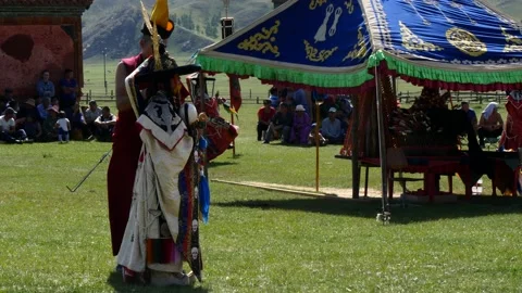 Sacred religious dance in Mongolian monastery. Stock Footage 132286804