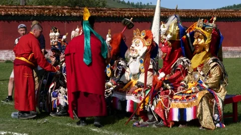 Sacred religious dance in Mongolian monastery. Stock Footage 132287434