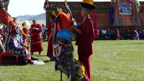 Sacred religious dance in Mongolian monastery. Stock Footage 132287476