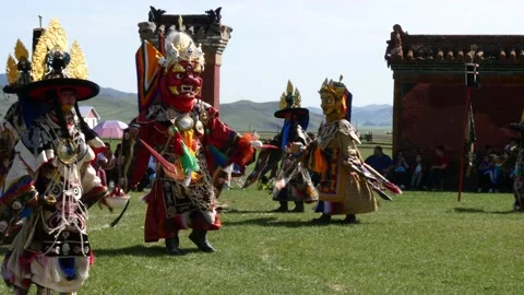 Sacred religious dance in one of the distant Mongolian monasteries. Stock Footage 132287263