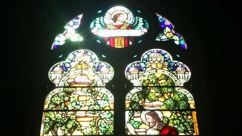 Sacred Stained Glass in the Saint Peter Catholic Church in Gramado, Brazil Stock Footage