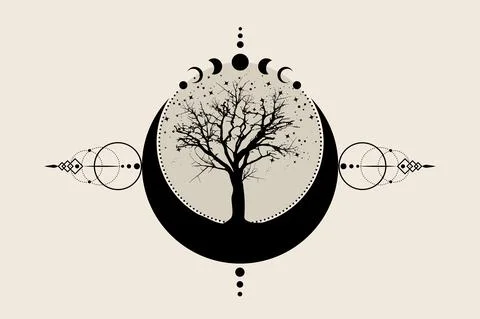 Sacred tree and crescent moon. Hand drawn Mystical Moon Phases, tree of life Stock-Illustration