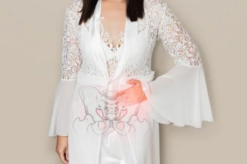 Sacroiliac joint dysfunction or SI joint pain of woman. Stock Photos