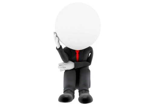 Sad 3d man sitting isolated on white background Illustrazione stock