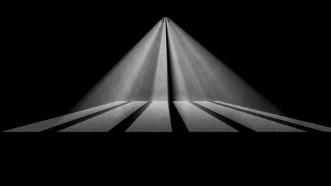 A sad 3d rendering of a direct triangular jail window light in a completely b Illustrazione stock