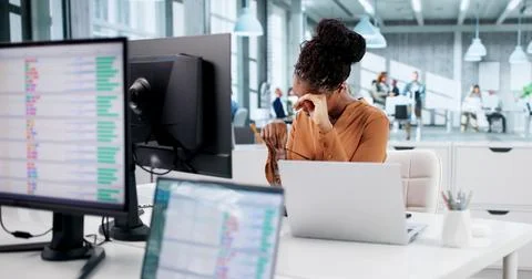 Sad African Data Analyst Stressing Over Broken Spreadsheet On Computer Stock Photos