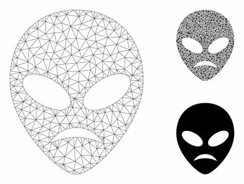Sad Alien Head Vector Mesh Carcass Model and Triangle Mosaic Icon 스톡 일러스트