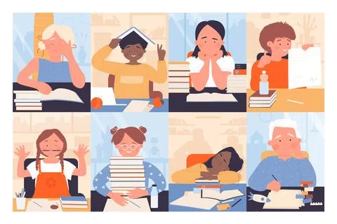 Sad and happy school students studying set, boy and girl read books or play on Stock Illustration