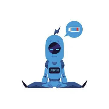 Sad and tired robot with low battery sitting on the floor, flat vector Stock Illustration