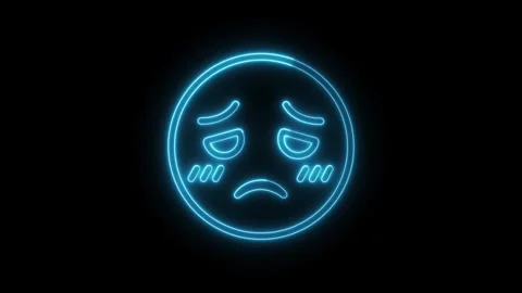 Sad animated glowing blue neon emoji face icon with flickering lights Stock Footage 342233928