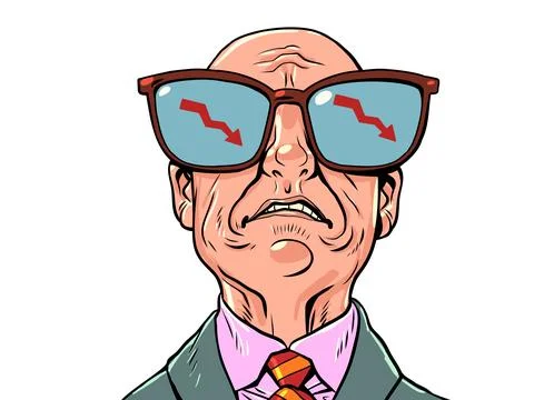 A sad bald man. Red chart symbols pointing down. Fear of business. Illustrazione stock