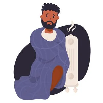 Sad bearded dark-skinned man wrapped in blanket is freezing and basking near hot Illustrazione stock