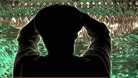 Sad beared model depressed looking from home tower through green net during t Stock Footage 157878165