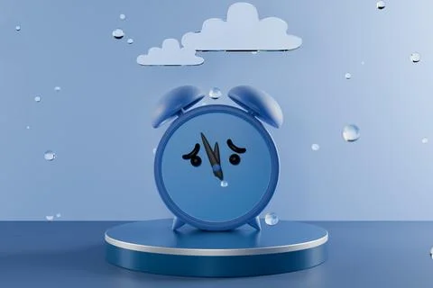 A sad blue alarm clock with a cloud backdrop Illustrazione stock