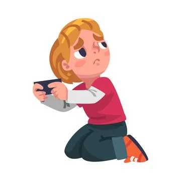 Sad Boy Addicted to Gadget with Imploring Glance Playing Video Game with Console Stock Illustration