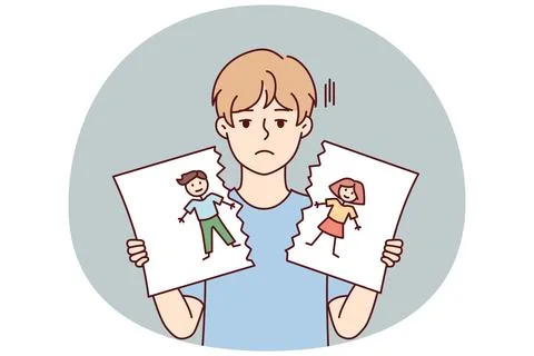 Sad boy after school quarrel or conflict tears up self-drawn portrait. Vector Stock Illustration