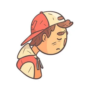 Sad Boy In Cap And College Jacket Hand Drawn Emoji Cool Outlined Portrait Stock Illustration