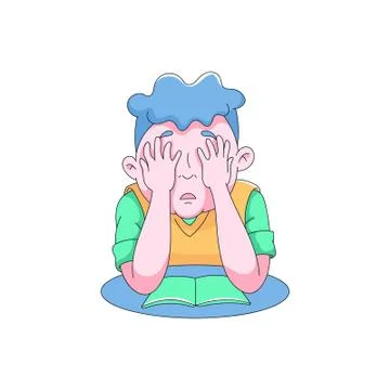 Sad boy covers his face with hands crying while doing homework Stock Illustration