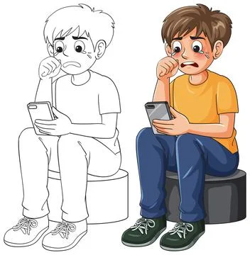 Sad Boy Crying While Looking at Smartphone in Color and Line Art Stock Illustration
