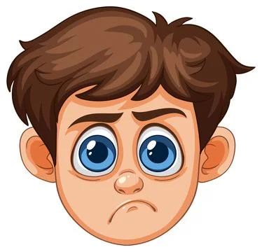 Sad Boy Face with Big Blue Eyes Cartoon Vector Stock Illustration