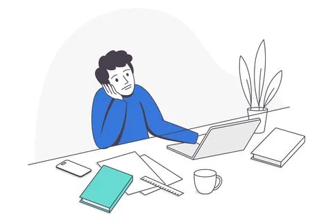 Sad Boy School Pupil Doing Homework Sitting at Desk Studying with Laptop Vector Stock Illustration