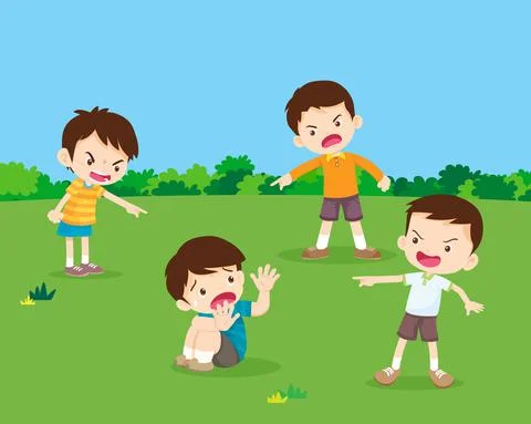 Sad boy sitting on floor surrounded by pointing hands mocking him Stock Illustration