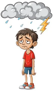 Sad Boy Standing Under Rain Cloud with Lightning Stock Illustration
