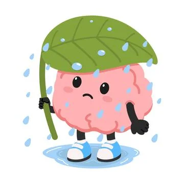 Sad Brain Hiding Under Leaf Umbrella Stock Illustration