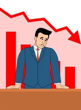 Sad businessman standing in front of a declining red graph. Symbolizes fina.. 스톡 일러스트