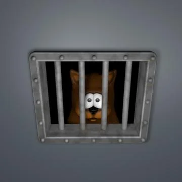 Sad cartoon cat behind riveted metal prison window - 3d illustration Stock-Illustration