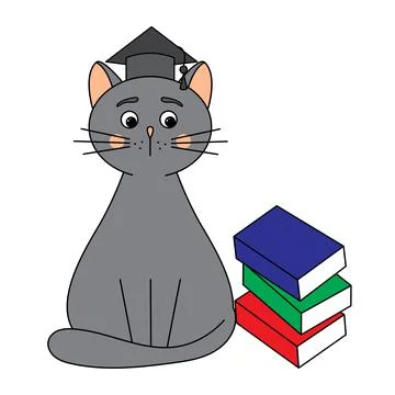 Sad cat student with a stack of books. Hello school. Children's illustration Stock Illustration