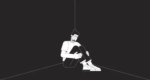 Sad caucasian man crying in dark corner black and white 2D illustration conce Stock Illustration
