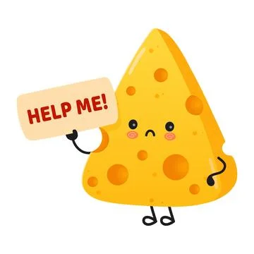 Sad cheese character holding a help me sign Stock Illustration