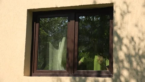 Sad Child Looking on Window, Unhappy Kid Open the Window, Bored Thoughtful Girl Stock Footage 329957112