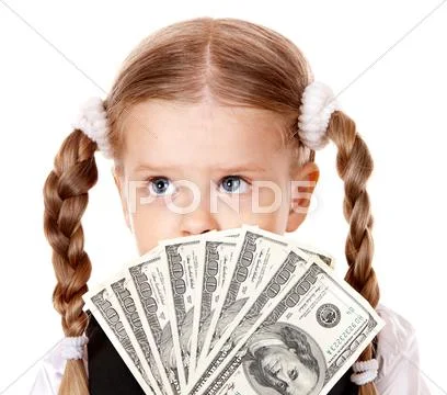 Sad child with money dollar. Stock Photos