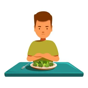 Sad child refusing to eat healthy broccoli at table Stock Illustration