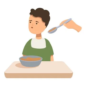 Sad child sitting at table refusing to eat dinner while adult is trying to feed Stock Illustration