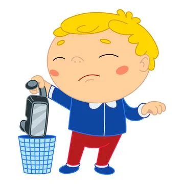 Sad child throwing away broken mobile phone in trash can illustration Stock Illustration