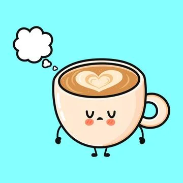 Sad coffee cup character thinking with blank bubble 스톡 일러스트