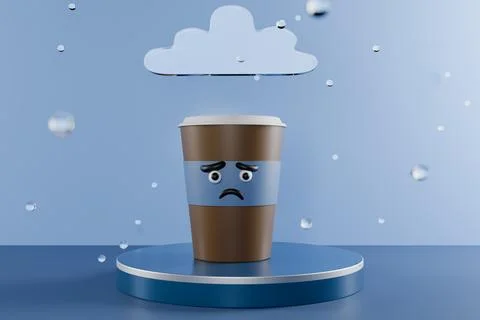 A sad coffee cup under a cloud, representing gloomy weather Illustrazione stock