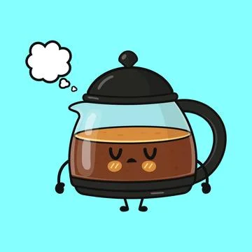 Sad coffee pot character thinking with thought bubble Stock Illustration