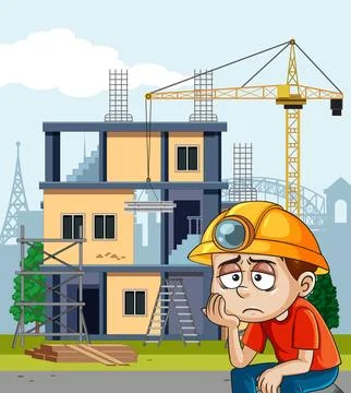 Sad Construction Worker at Building Site with Crane イラスト素材
