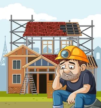 Sad Construction Worker Sitting at Building Site イラスト素材