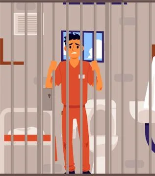 Sad criminal in prison cell looking through metal bars - cartoon man in jail Stock Illustration