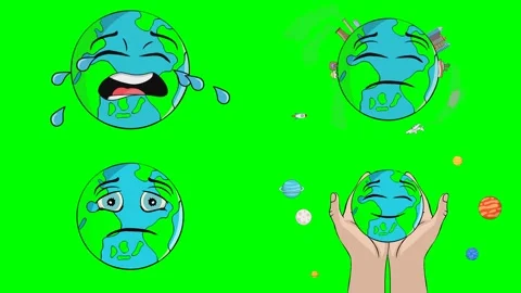 Sad crying earths globes and human hands protecting our planet ecosystem 2d Stock Footage 334702833