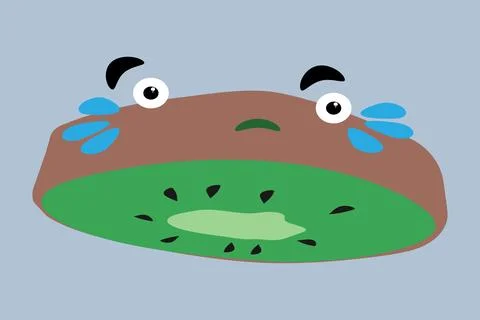 Sad crying kiwi fruit sticker with funny face cartoon character, vector Stock Illustration