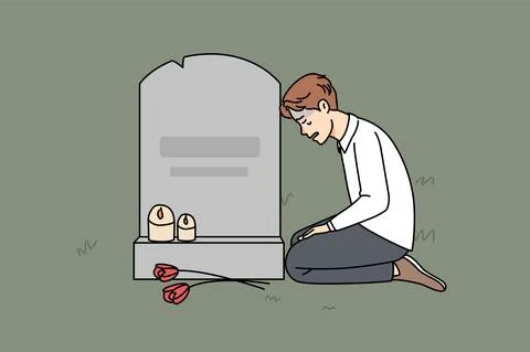 Sad crying man on grave at cemetery Stock Illustration