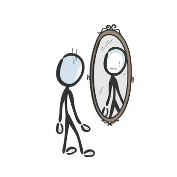 Sad crying man looking in mirror. Vector simple low self esteem reflection in Stock Illustration