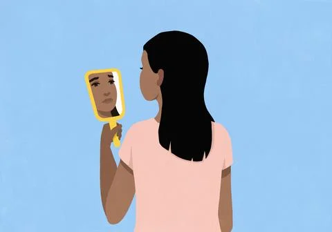 Sad, crying woman looking at reflection in handheld mirror against blue Stock Illustration